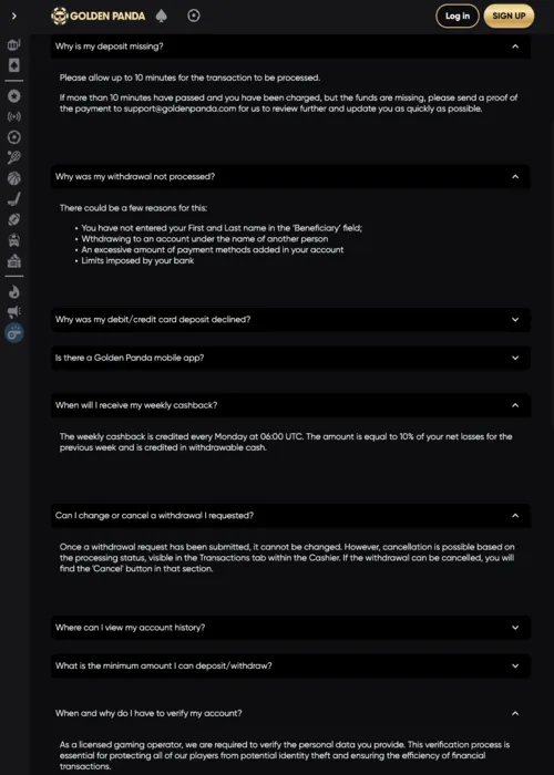 Auszahlungen Zahlungsoptionen schnell Golden Panda Casino